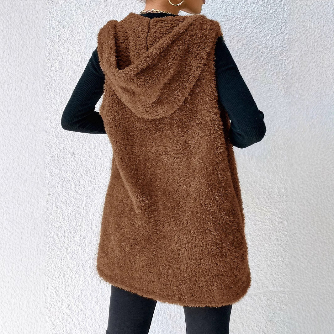 Fashion Casual Plush Hooded Women's Top Jacket Vest