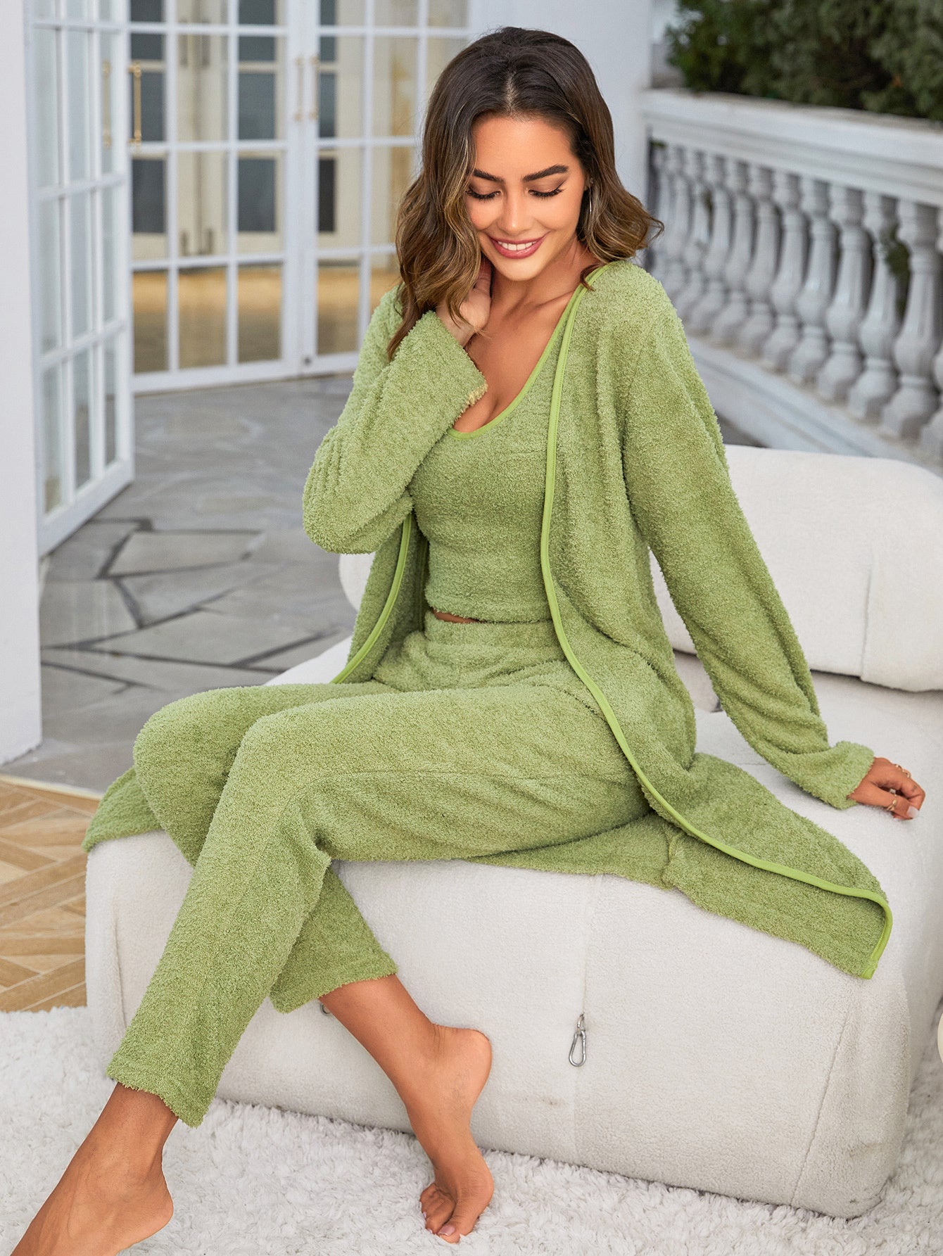 Half Flannel Three Piece Set Green