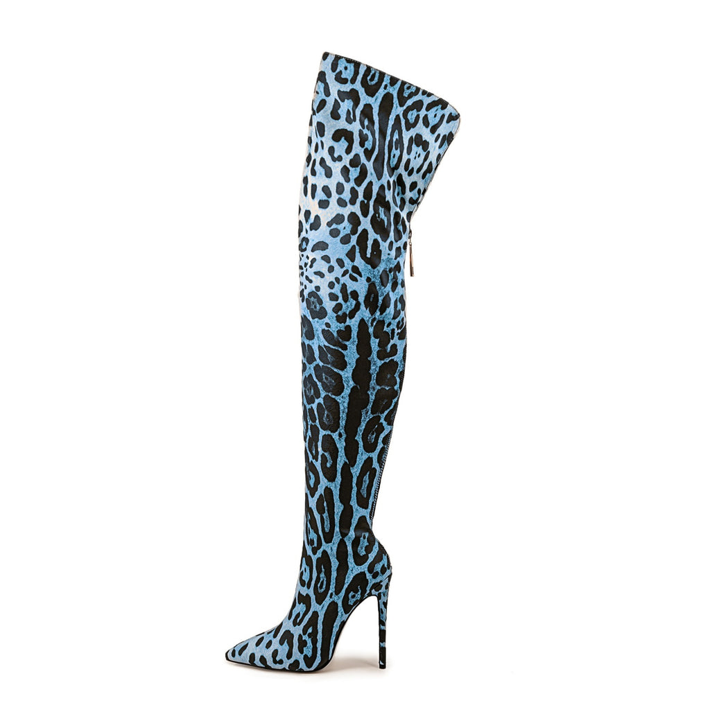 Pointed-toe Stiletto Leopard Print Stretch Thin Boots Nightclub Bar Pole Dance