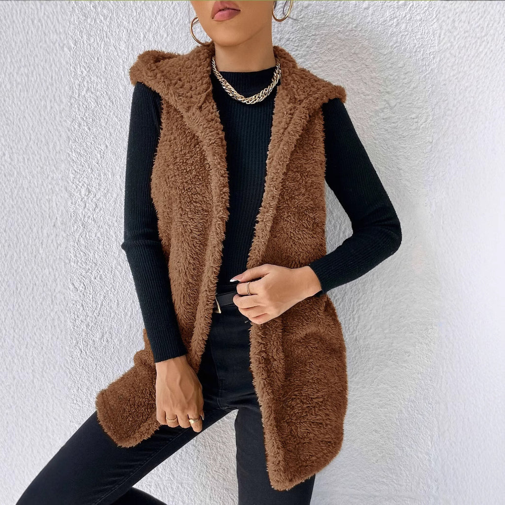 Fashion Casual Plush Hooded Women's Top Jacket Vest