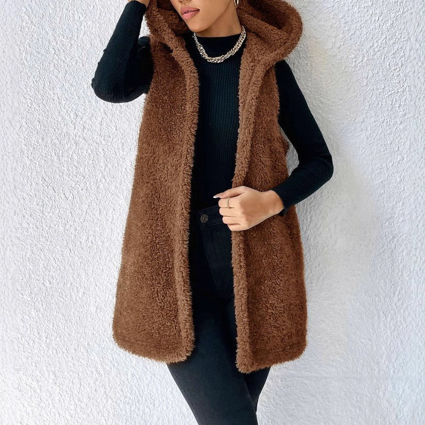 Fashion Casual Plush Hooded Women's Top Jacket Vest
