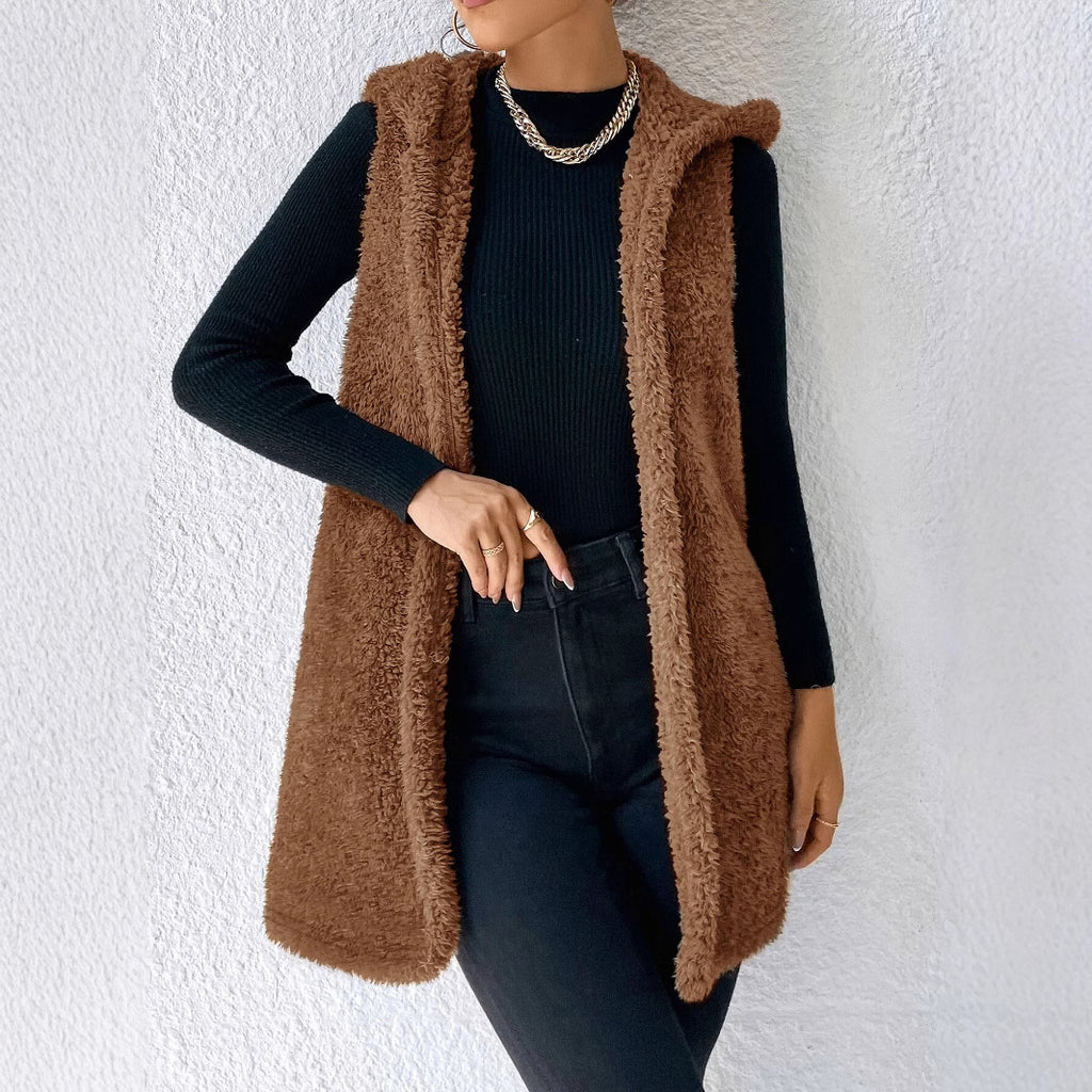 Fashion Casual Plush Hooded Women's Top Jacket Vest
